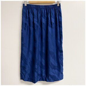 Vintage 80s Blue Silk Pleated Skirt Elastic Waist Medium